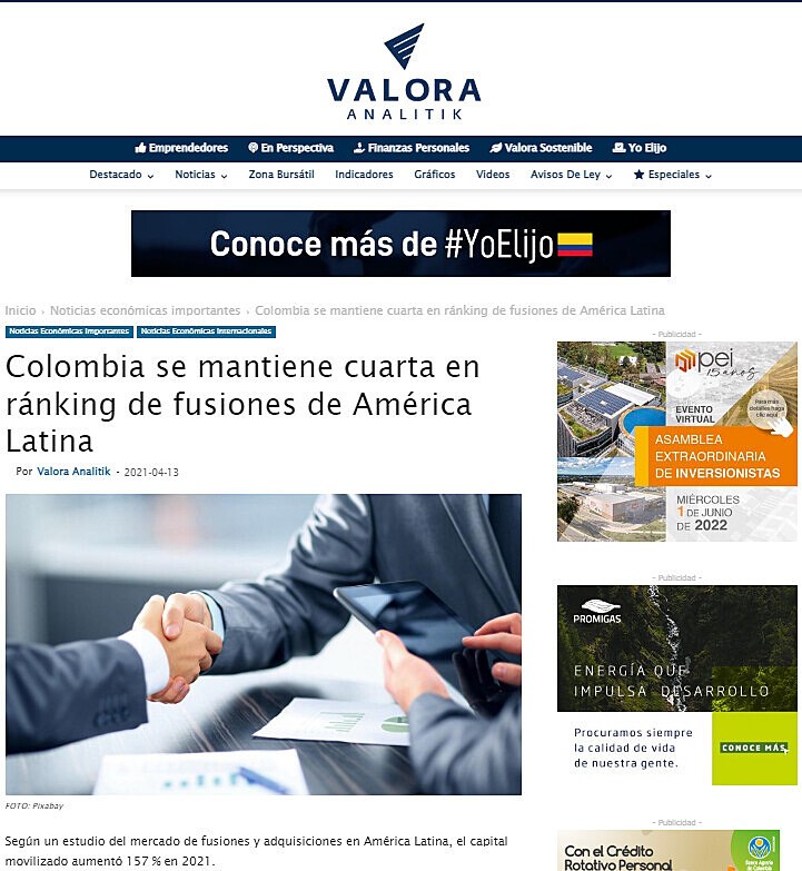Colombia se mantiene cuarta en rnking de fusiones de Amrica Latina